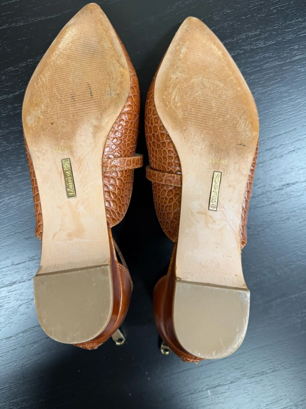 Pointed Mary Jane Flats in Croc-Embossed Tan